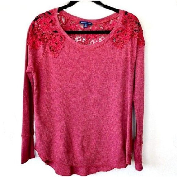 American Eagle Outfitters Women’s Lace Crochet Shoulder Thermal Shirt Top S/P - Picture 1 of 15